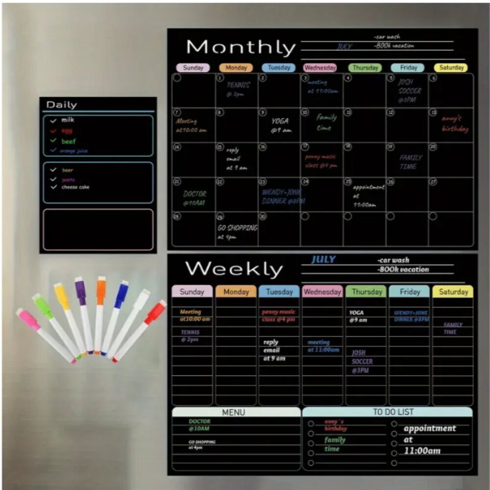 Magnetic Dry Erase Boards Calendar Planner 3 Pack Black with 8 Markers Style 2